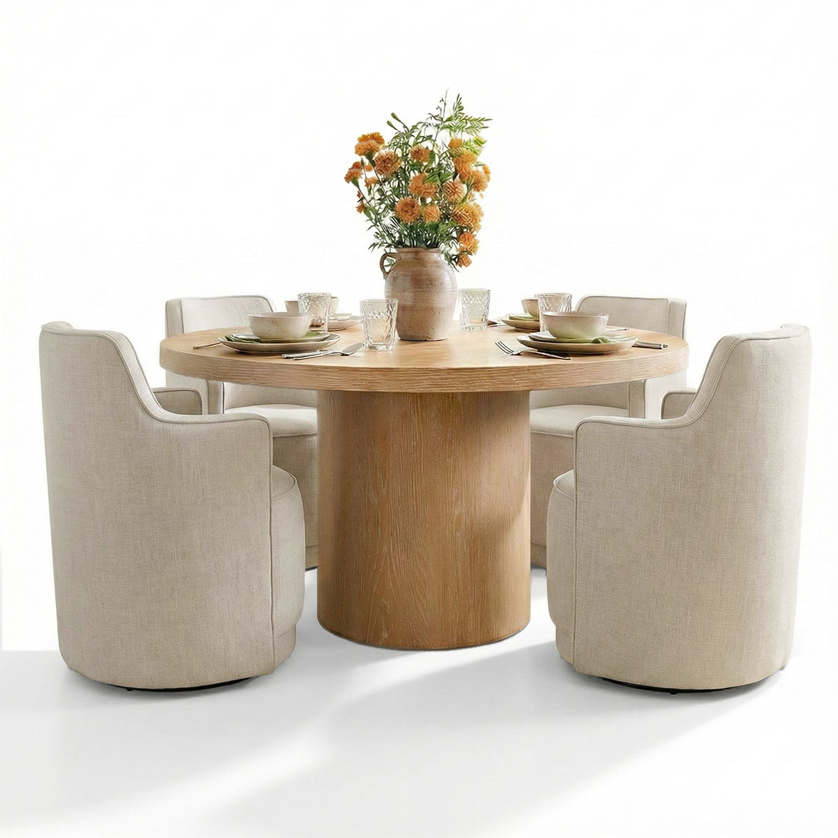 Elon & Yisa 47" Solid Oak Round Linen Pedestal Dining Table Set (5-Piece)