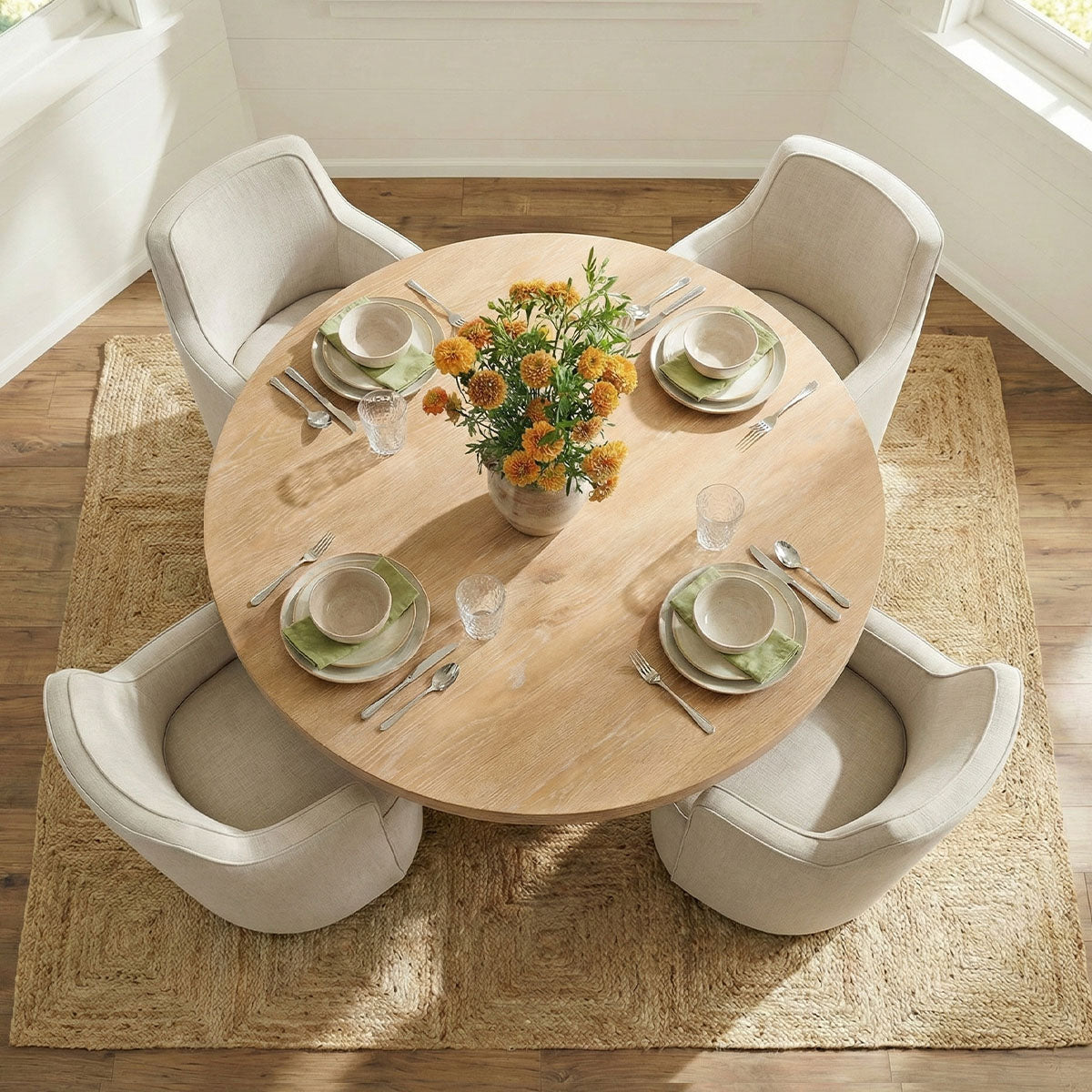 Elon & Yisa 47" Solid Oak Round Linen Pedestal Dining Table Set (5-Piece)