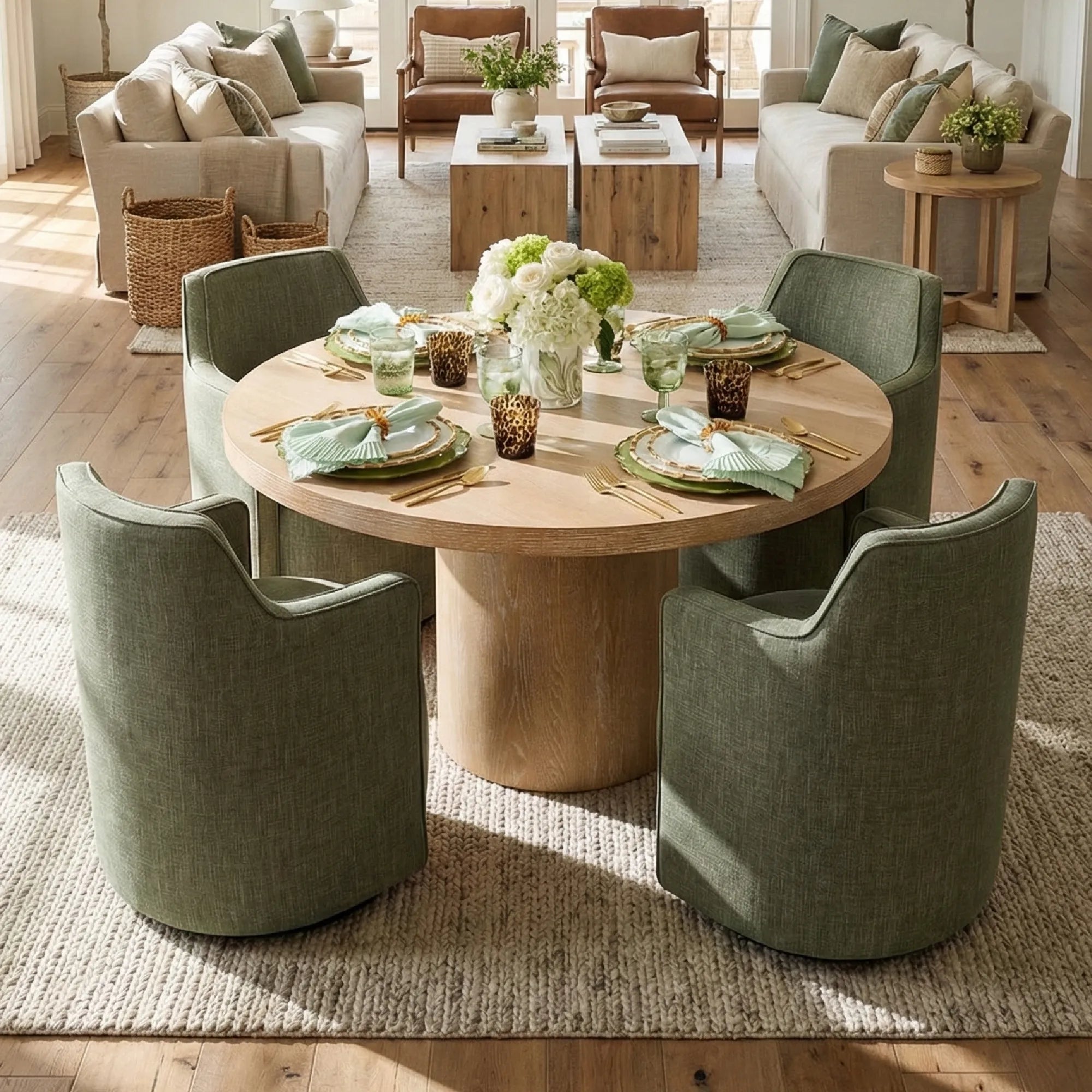 Elon & Yisa 47" Solid Oak Round Linen Pedestal Dining Table Set (5-Piece)
