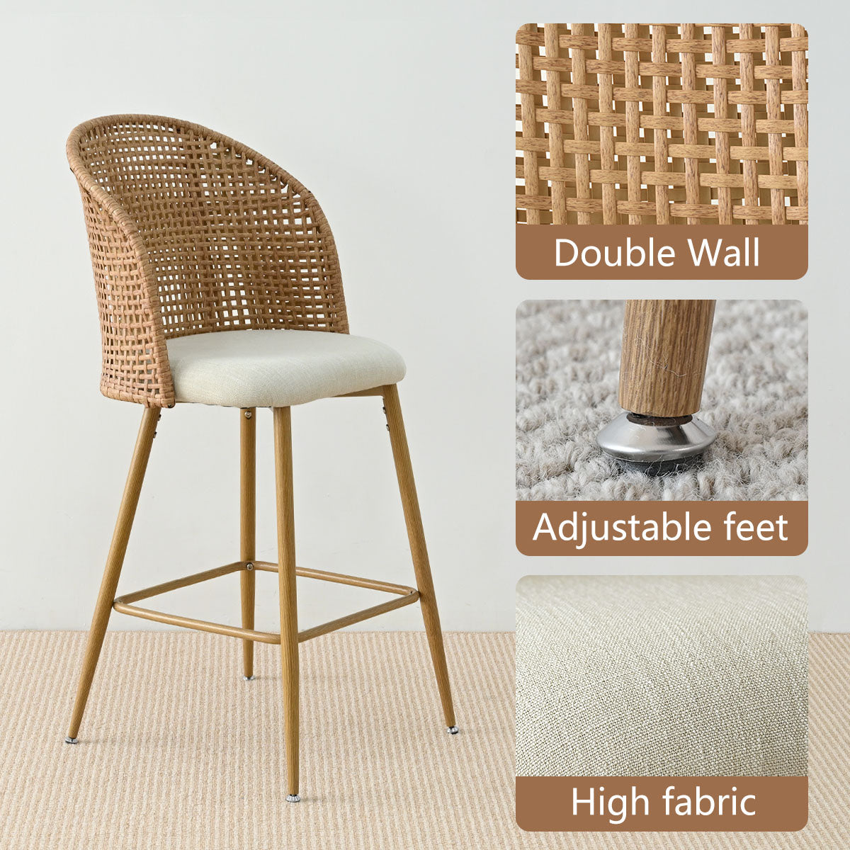 Grasse 29" Beige Rattan Upholstered Bar Stool (Set of 4)