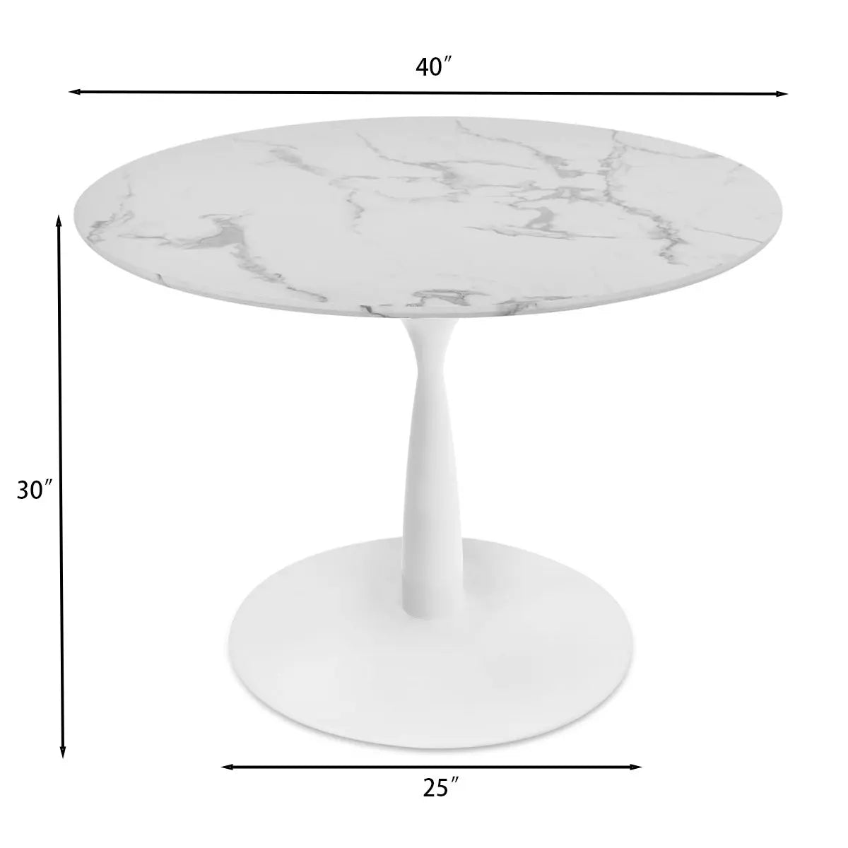 Harris Marble Top Round Pedestal Dining Table dimensions: 40" wide, 25" base, 30" high.