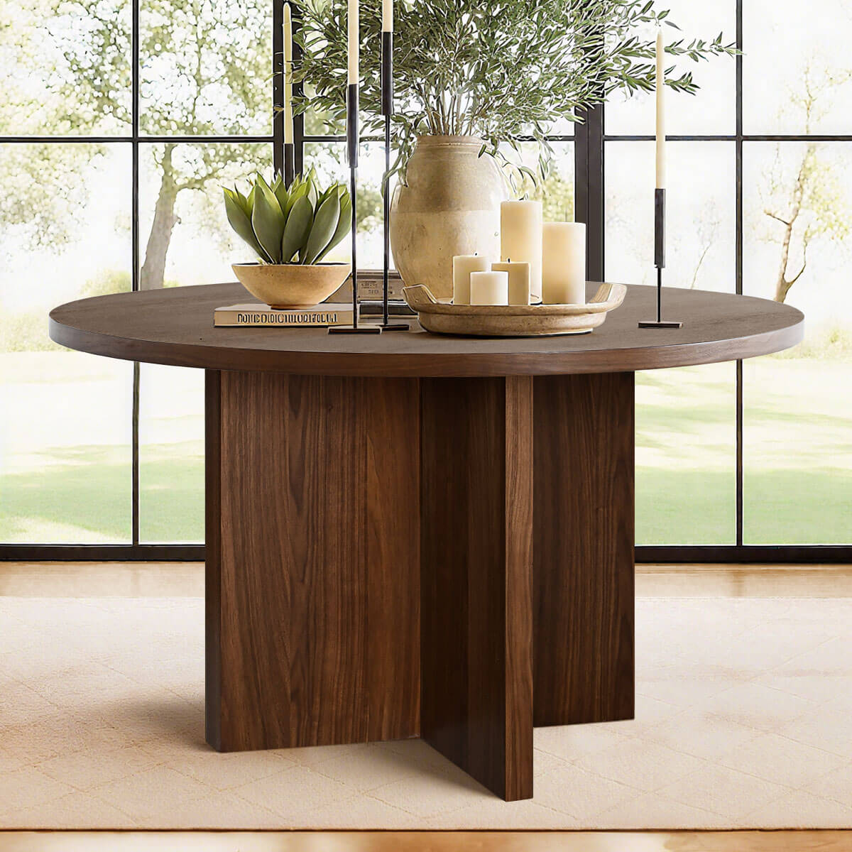 Houston 52" Round Solid Wooden Dining Table with Cross Pedestal