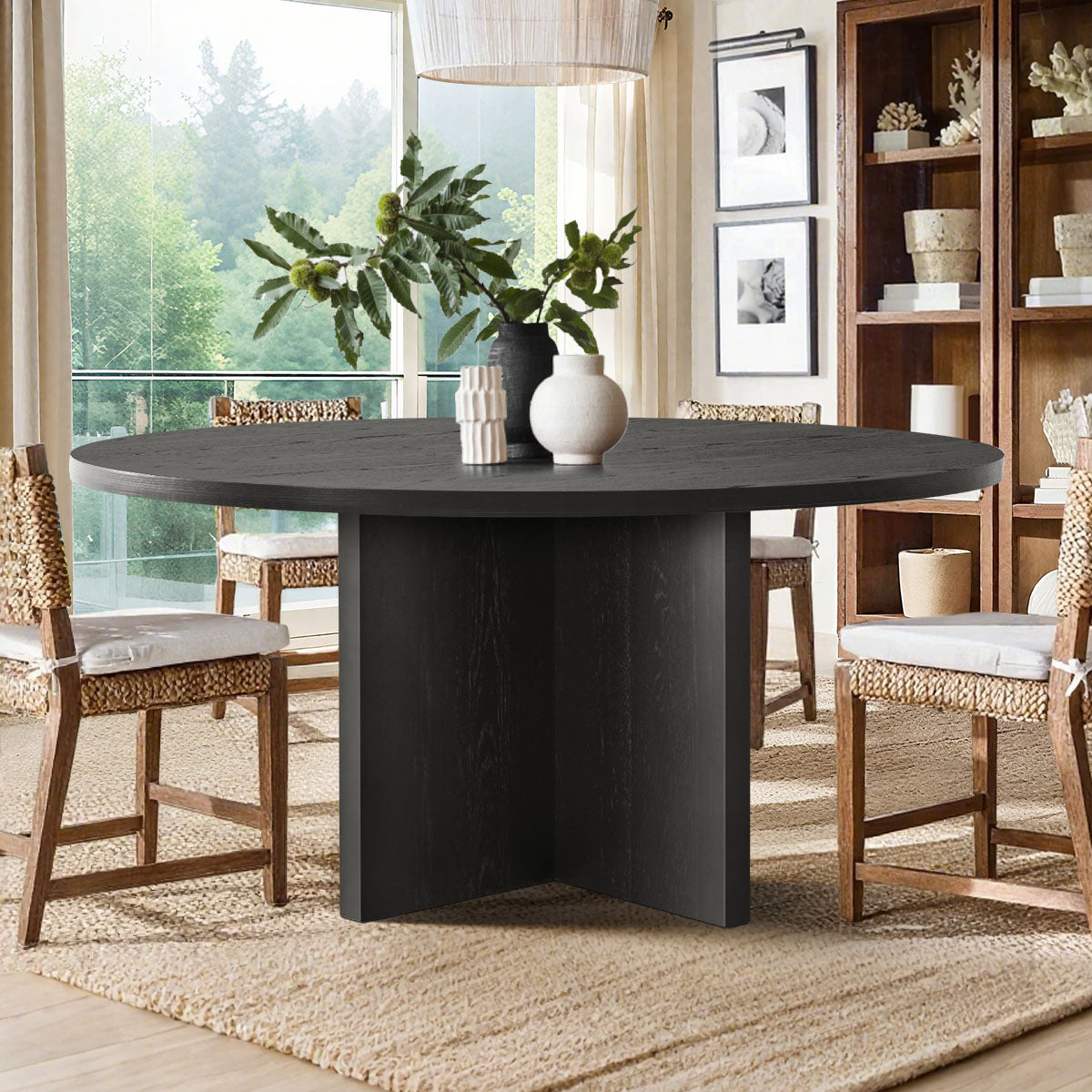 Houston 60" Round Solid Wooden Dining Table with Cross Pedestal