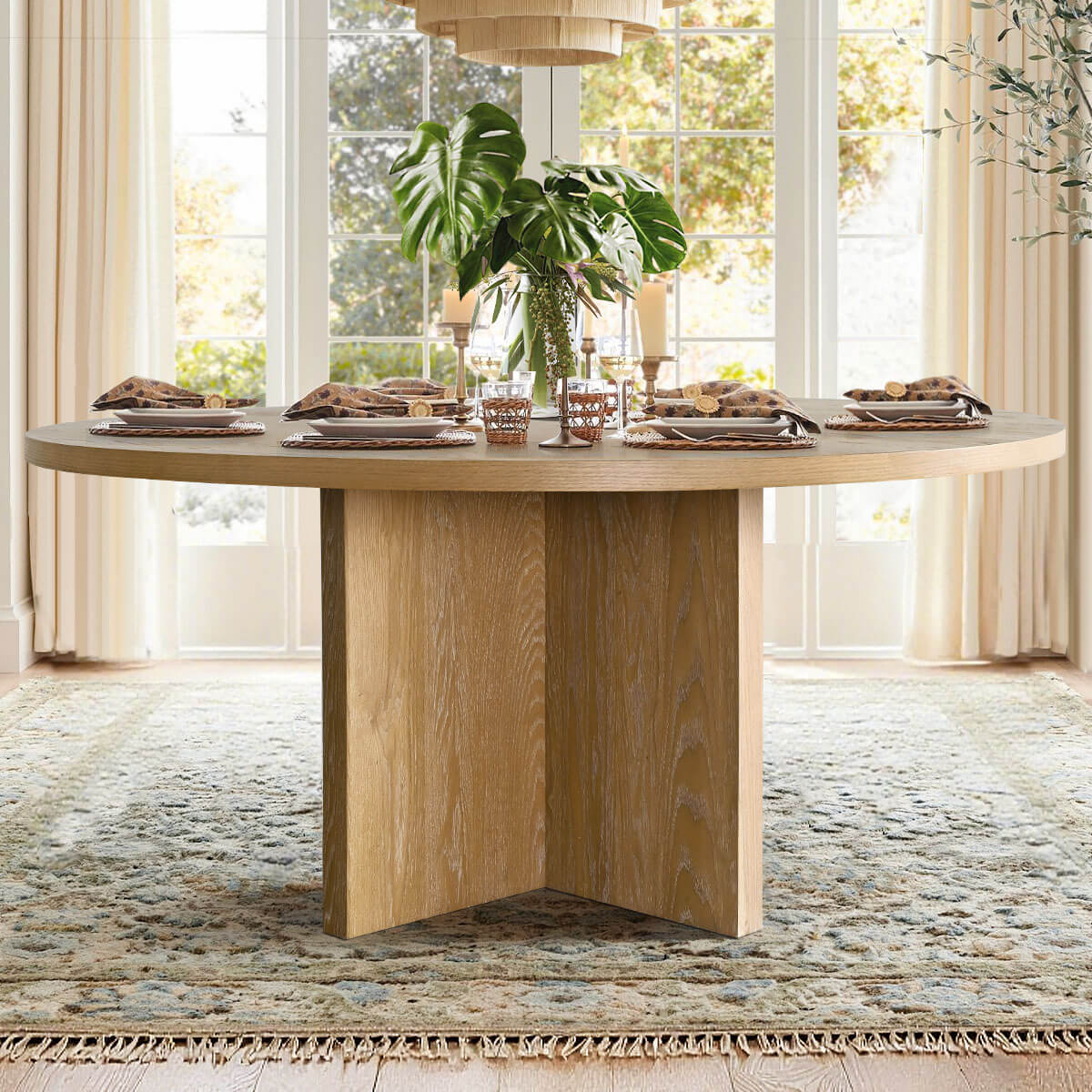 Houston 60" Round Solid Wooden Dining Table with Cross Pedestal