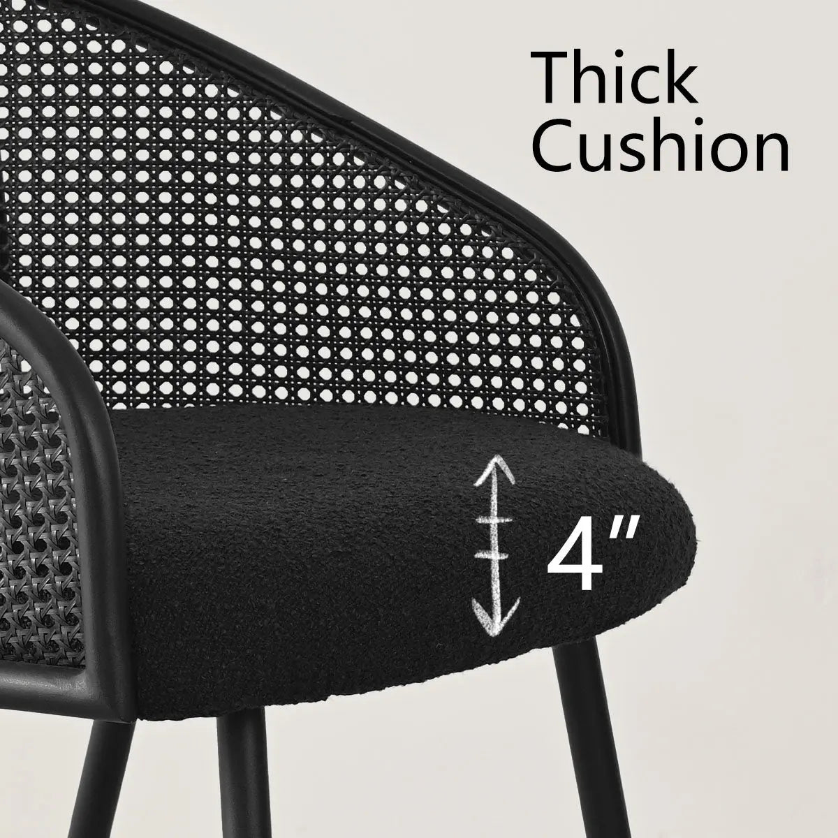 Jules Modern Upholstered Rattan Dining Chair, black cushion, armrest detail, 4" thickness dimension.