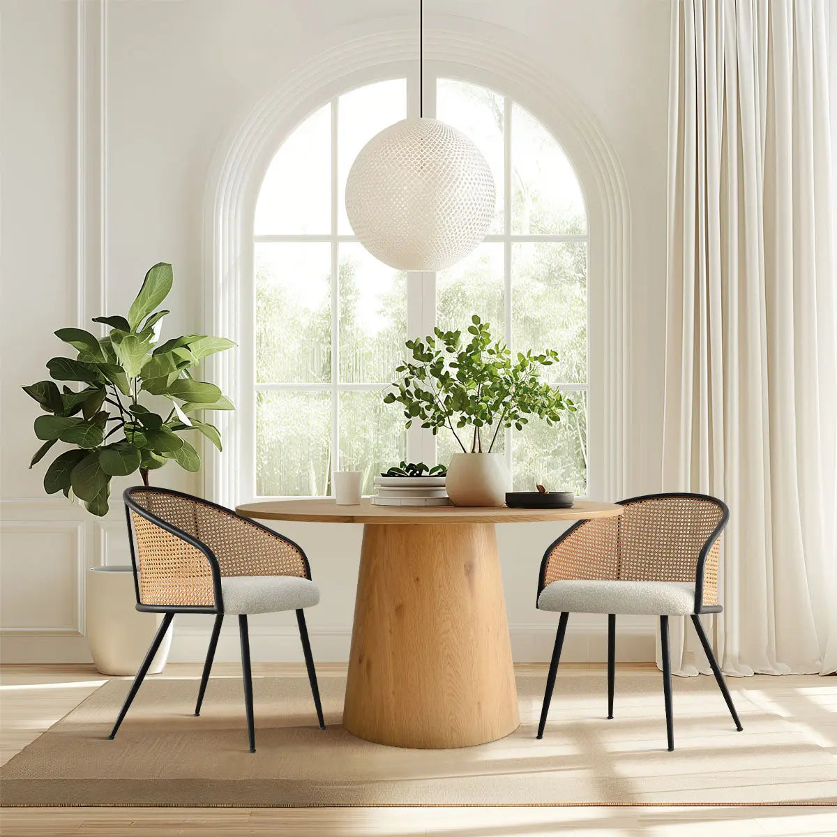 Jules Modern Upholstered Rattan Dining Chair with Arms, wooden table, neutral dining room setting.
