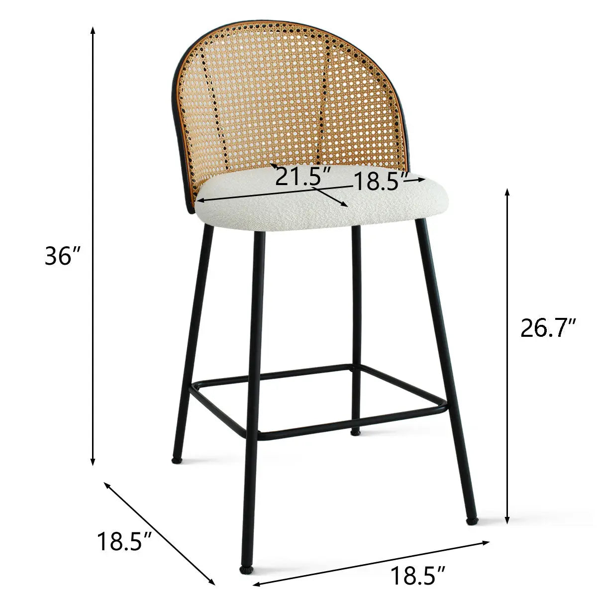 Jules Modern Upholstered Rattan Counter Stool with dimensions, highlighting sleek design and comfortable seating.