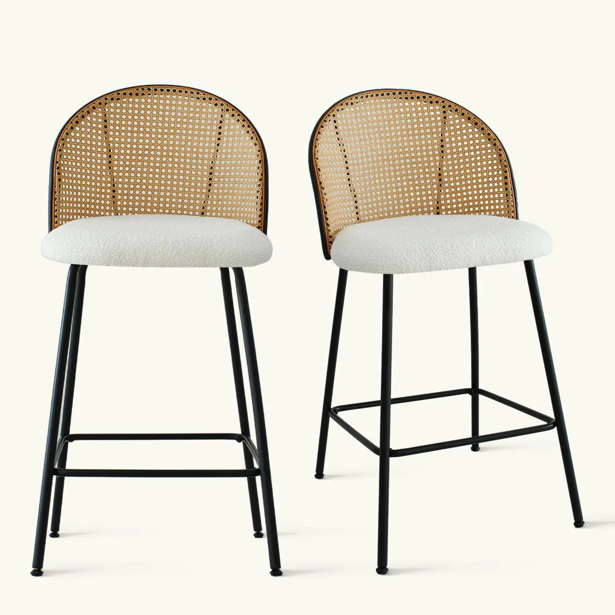 Jules upholstered rattan counter stools with modern design, metal legs, and woven backrest, pair set.