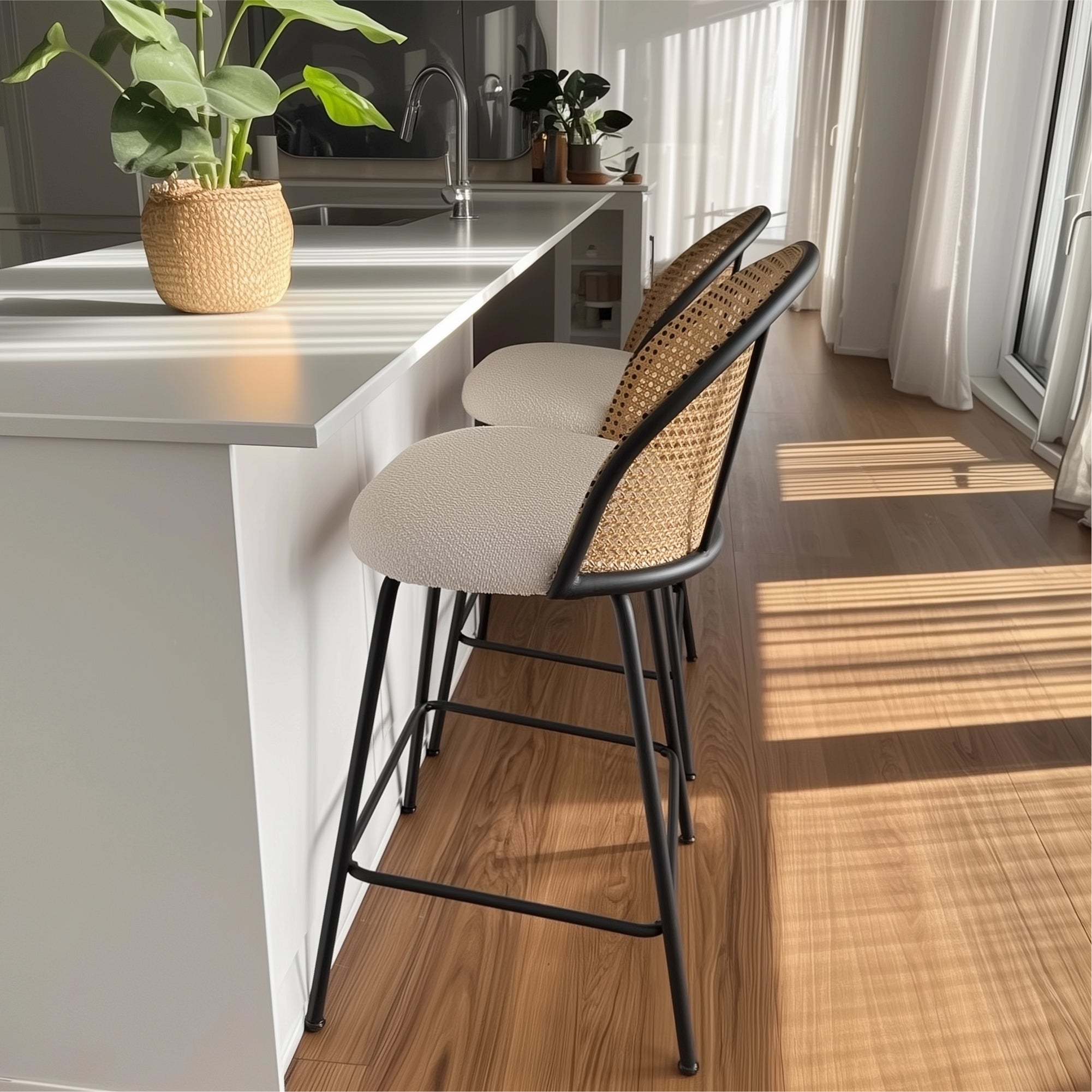 Jules 27.5" Modern Upholstered Rattan Counter Stool (Set of 2)