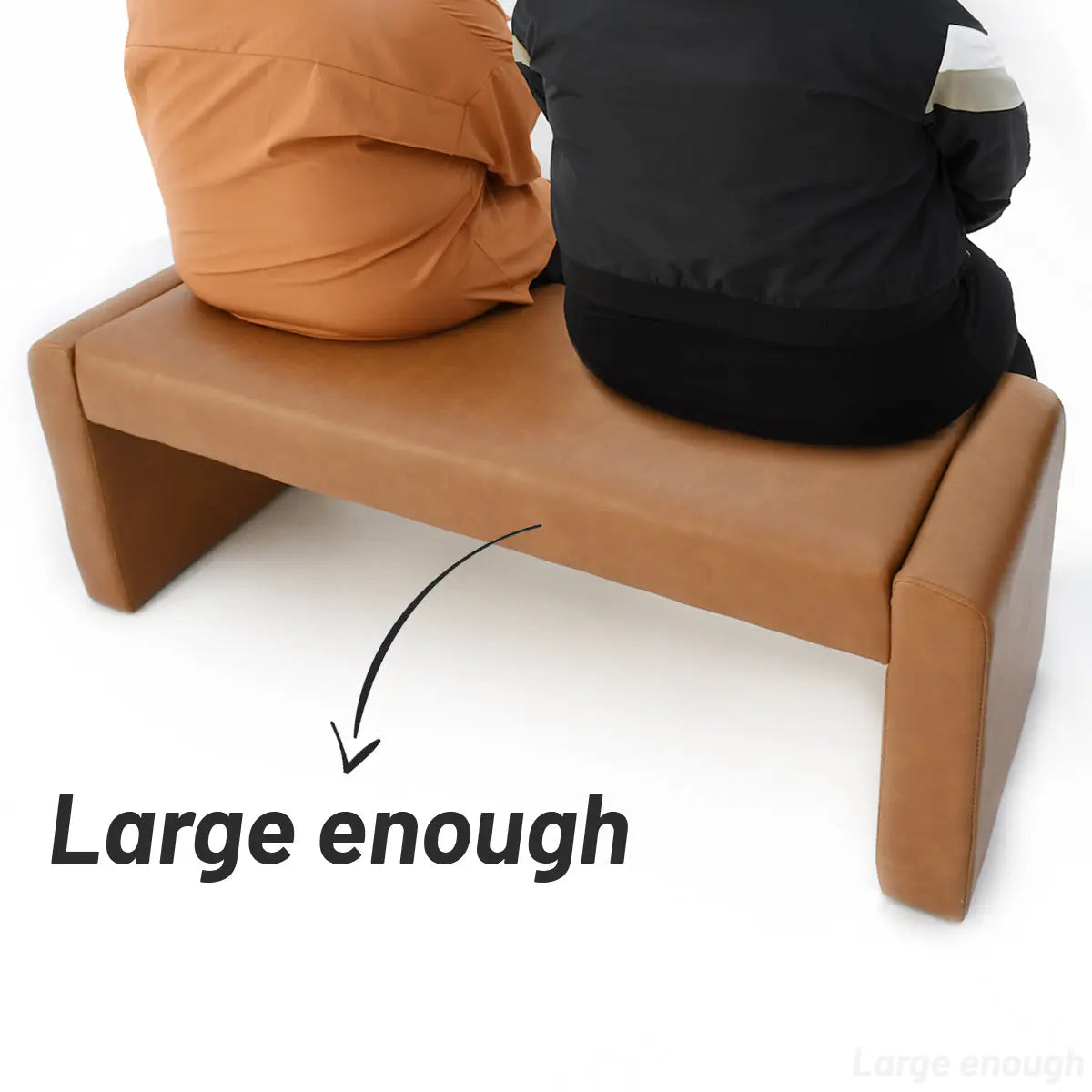 Kaia leather and velvet bench with two people seated, showcasing modern design and ample size.