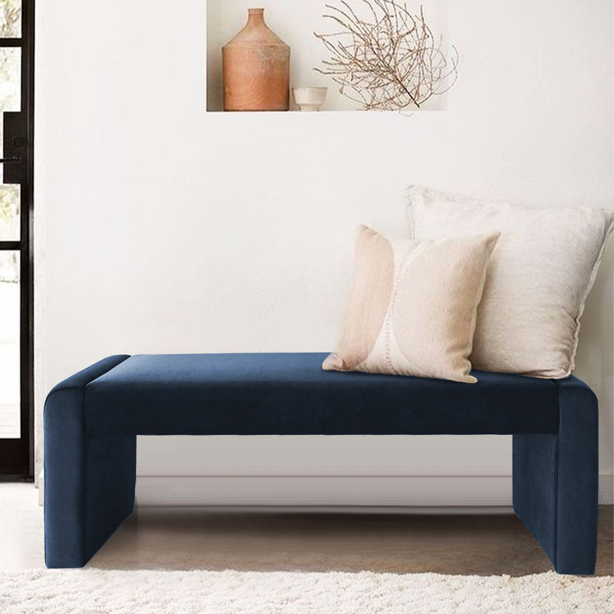 Kaia 47" Modern Faux Leather & Velvet Waterfall Bench