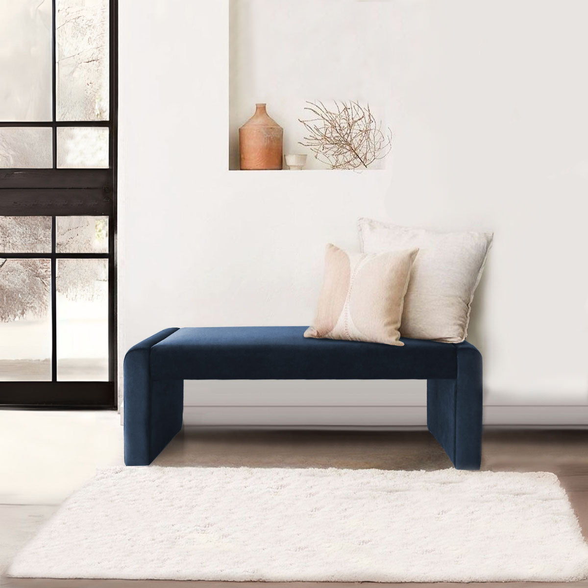 Kaia 47" Modern Faux Leather & Velvet Waterfall Bench