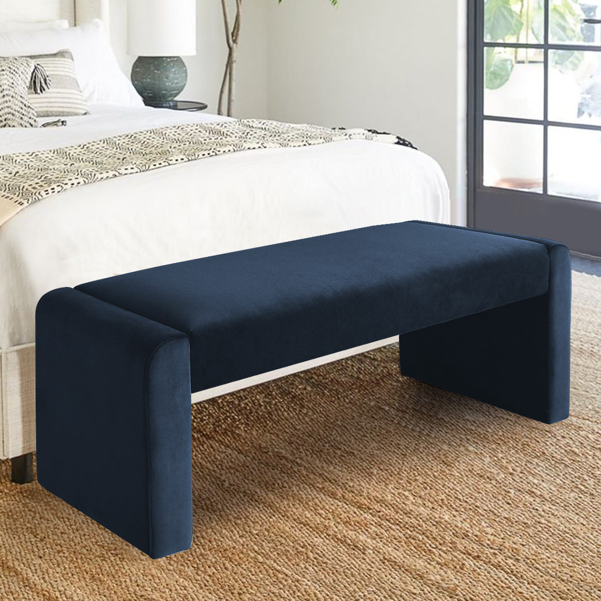 Kaia 47" Modern Faux Leather & Velvet Waterfall Bench