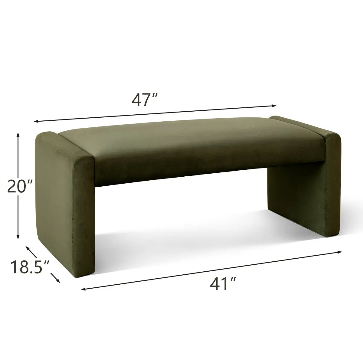 Kaia Modern Leather & Velvet Waterfall Bench with dimensions of 47"x20"x18.5"x41", olive green.
