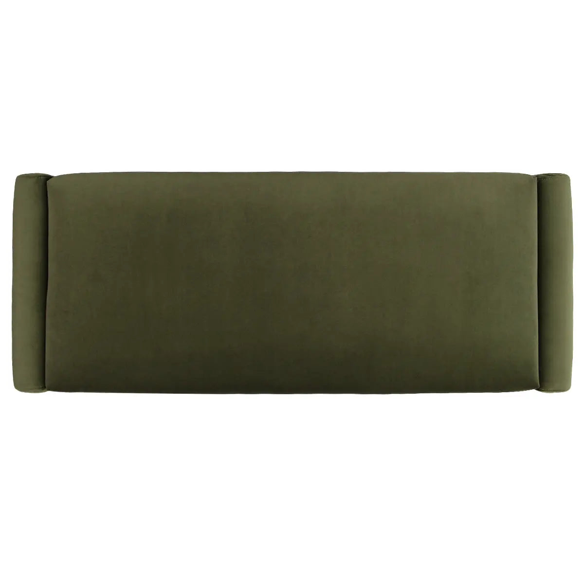 Kaia modern leather and velvet waterfall bench, green upholstery, dimensions visible.