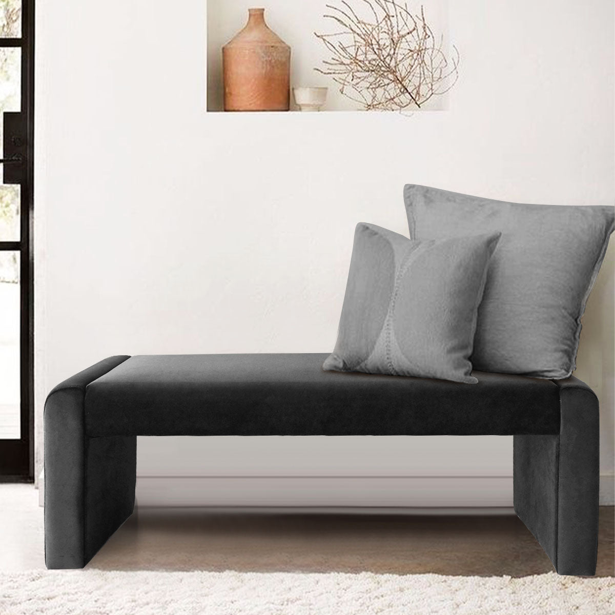 Kaia 47" Modern Faux Leather & Velvet Waterfall Bench