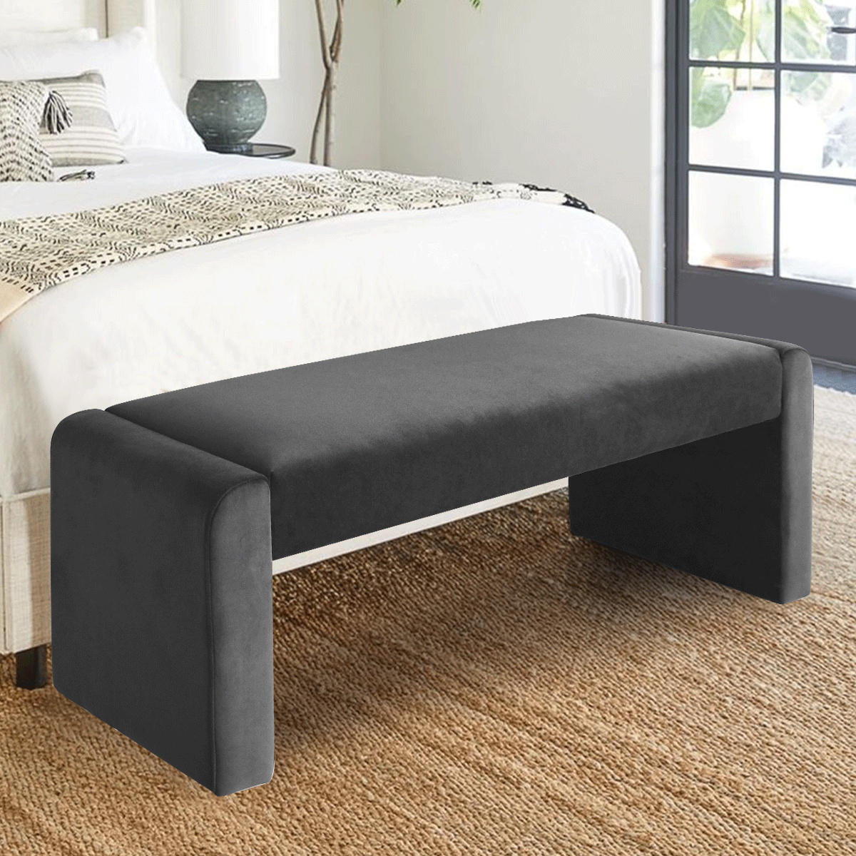 Kaia 47" Modern Faux Leather & Velvet Waterfall Bench