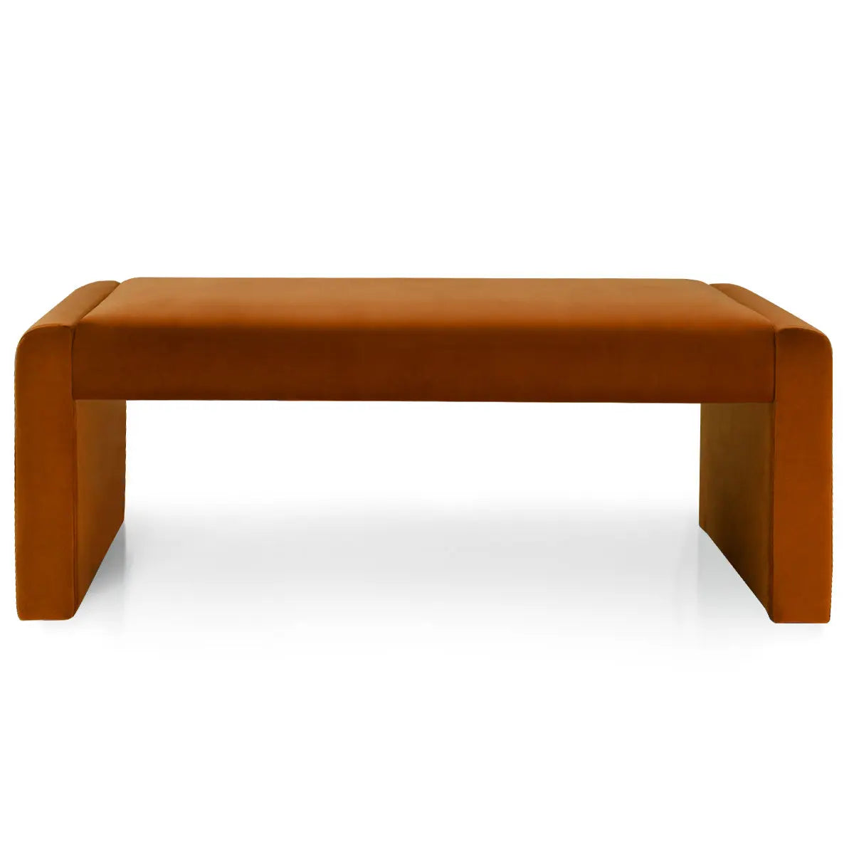 Kaia Modern Leather & Velvet Waterfall Bench, minimalist design, ideal for contemporary living rooms.