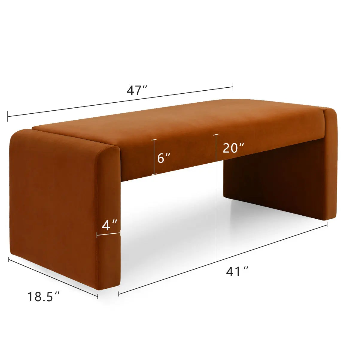 Kaia Modern Leather & Velvet Waterfall Bench dimensions; contemporary design, rich color.