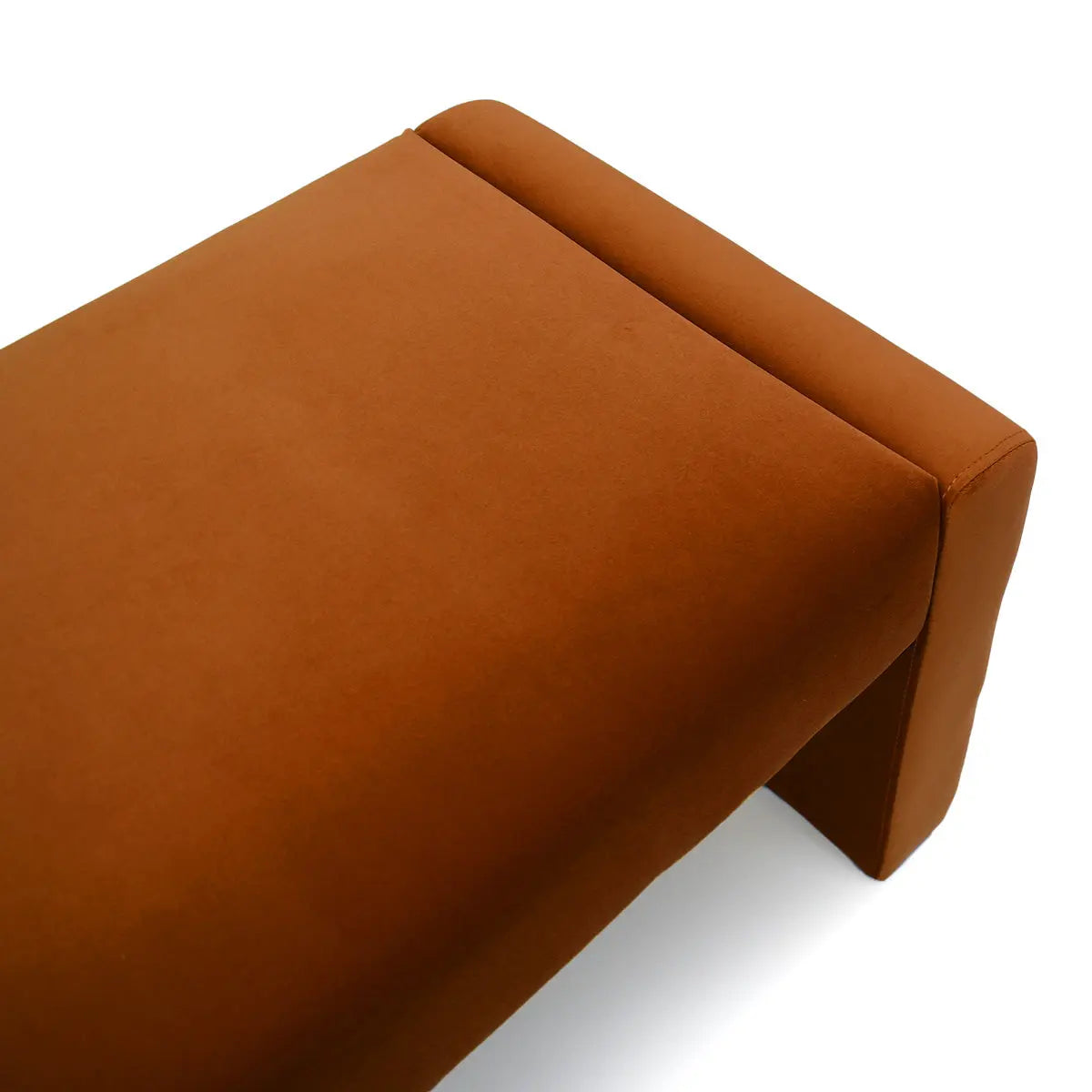 Kaia Modern Waterfall Bench in leather and velvet, featuring sleek design and warm tones.