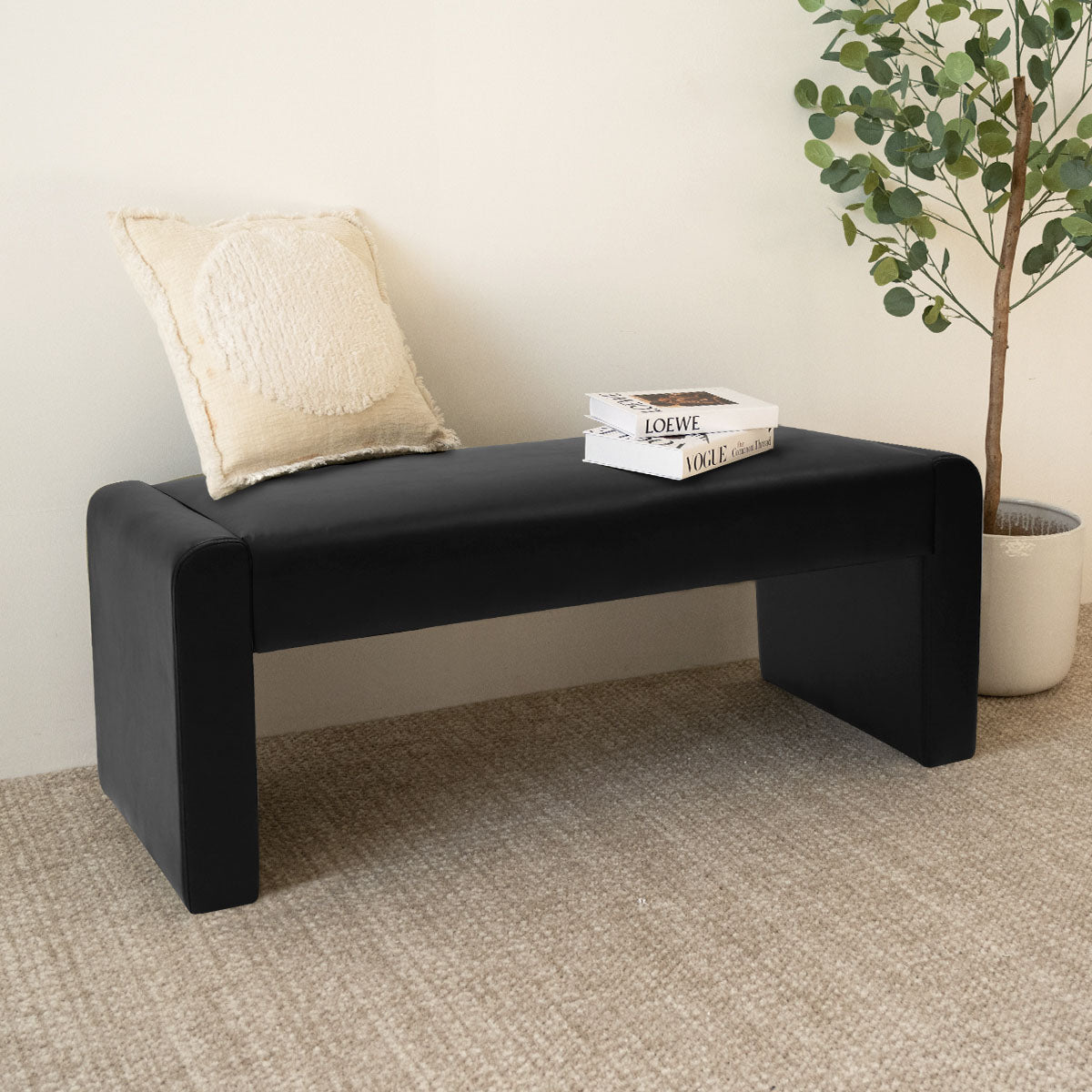 Kaia 47" Modern Faux Leather & Velvet Waterfall Bench