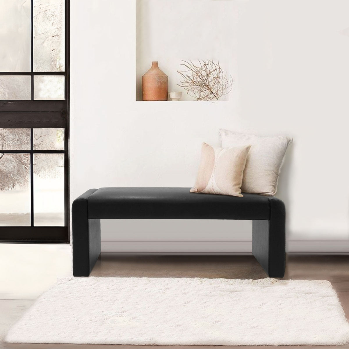 Kaia 47" Modern Faux Leather & Velvet Waterfall Bench