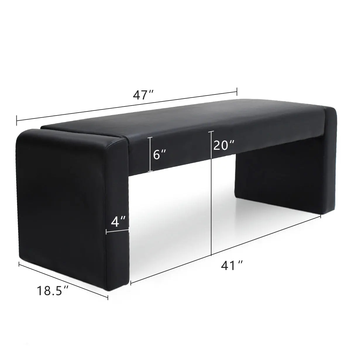 Kaia Modern Leather & Velvet Waterfall Bench dimensions, 47" wide, sleek black design.