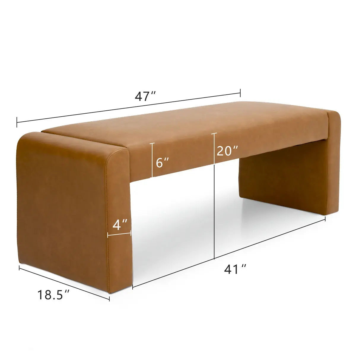 Kaia Modern Leather & Velvet Waterfall Bench with dimensions; stylish seating furniture piece.