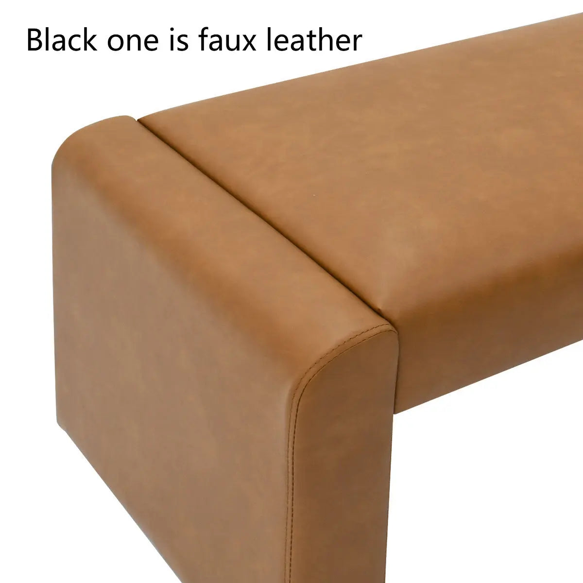 Kaia Modern Leather & Velvet Waterfall Bench, brown faux leather, close-up detail in minimalist setting.