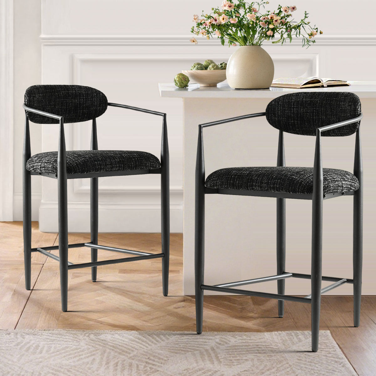 Manhattan 25.5" Chenille Metal Frame Counter Stool With Armrest And Footrest (Set of 2)