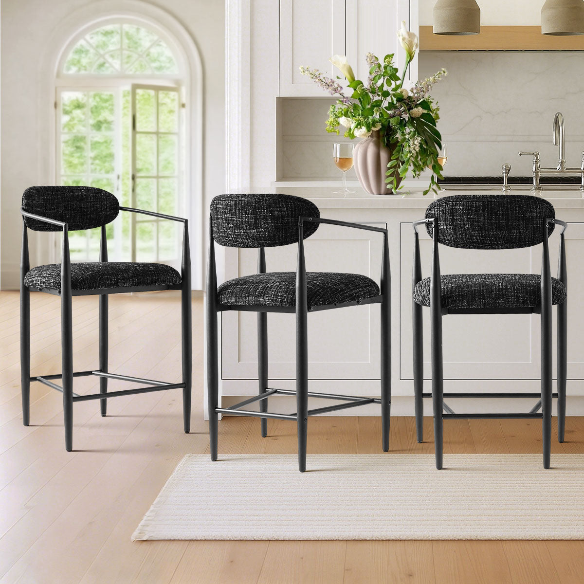 Manhattan 25.5" Chenille Metal Frame Counter Stool With Armrest And Footrest (Set of 3)