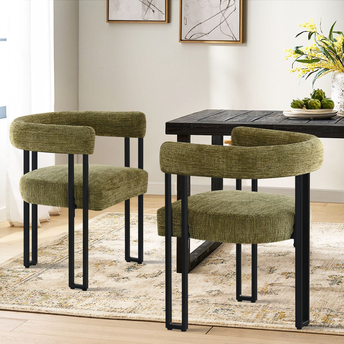 Mia Upholstered Chenille Dining Chair with Arms (Set of 2)