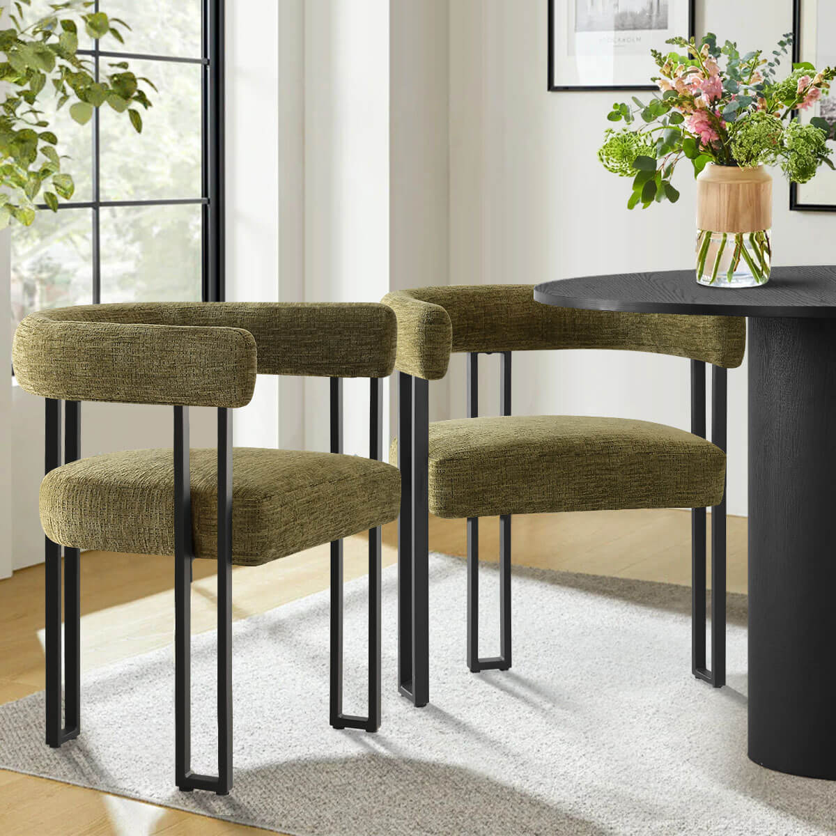 Mia Upholstered Chenille Dining Chair with Arms (Set of 2)