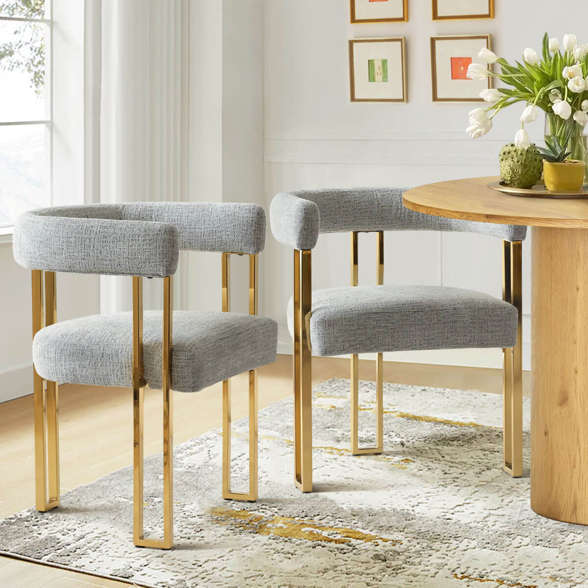 Mia 24" Modern Gold Chenille Dining Chair with Arms (Set of 2)
