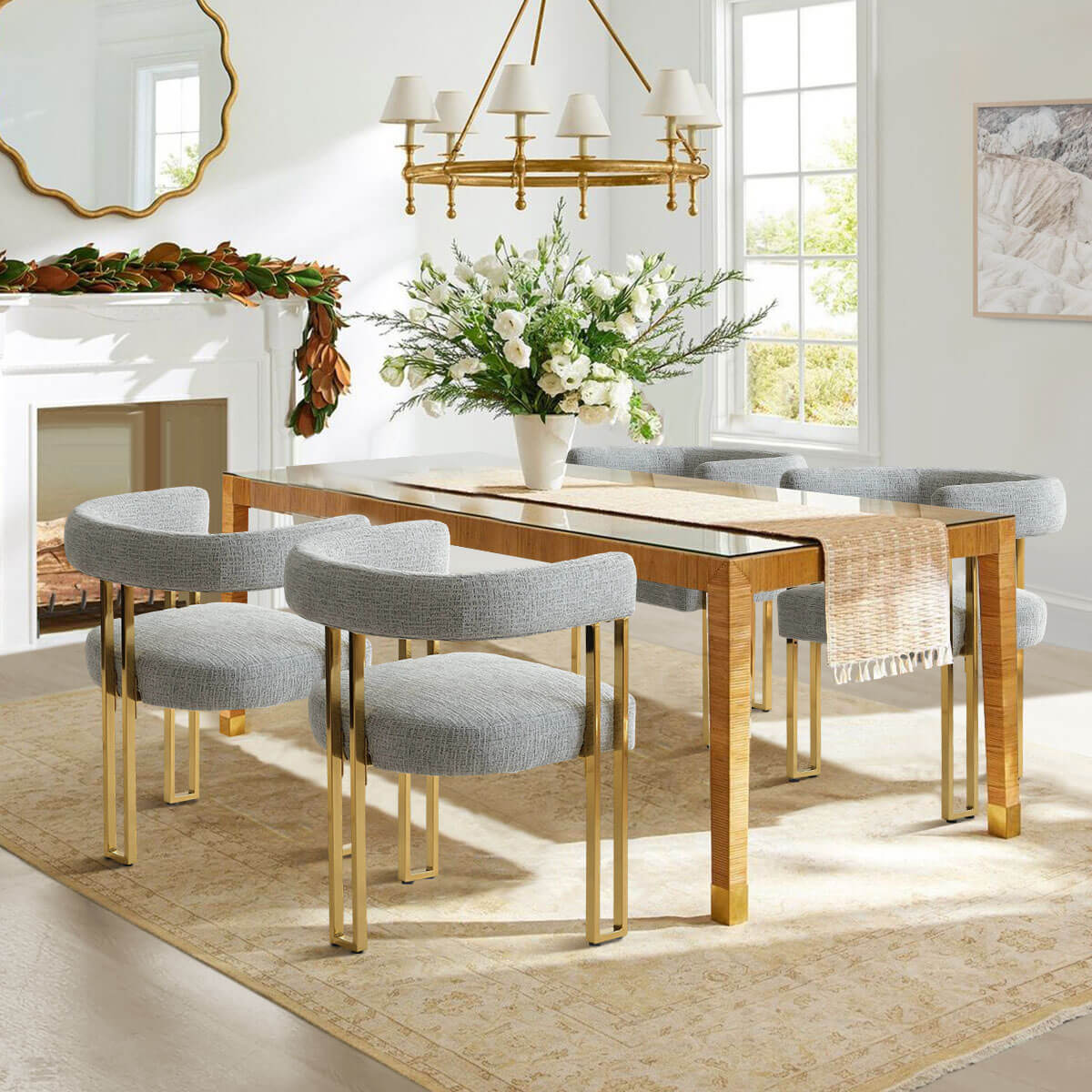 Mia 24" Modern Gold Chenille Dining Chair with Arms (Set of 4)