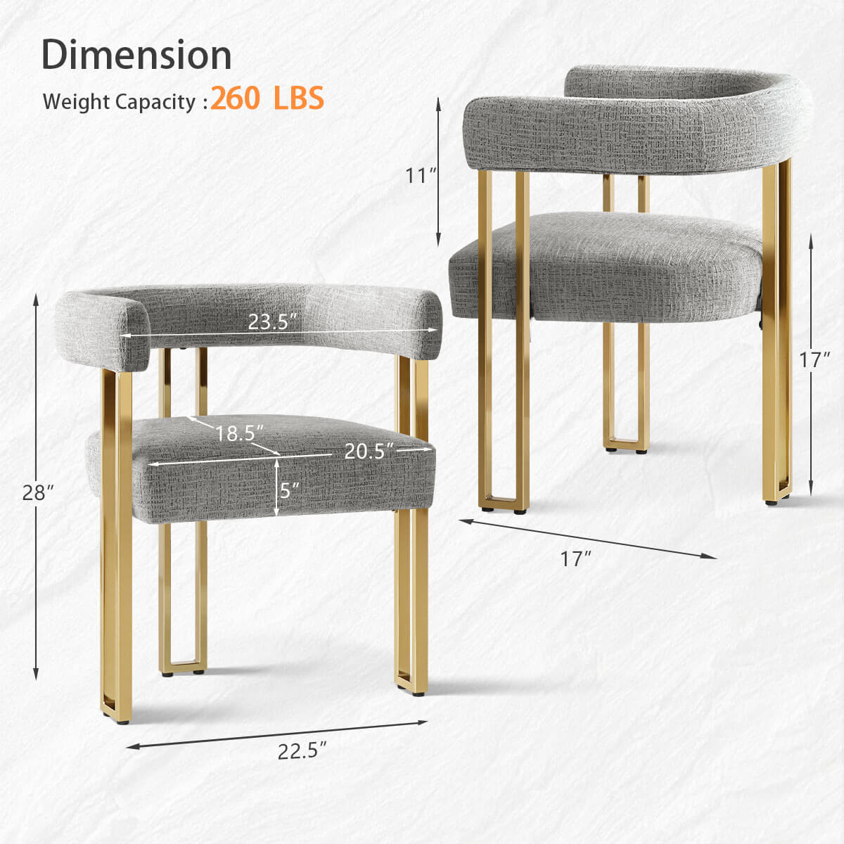 Mia 24" Modern Gold Chenille Dining Chair with Arms (Set of 2)