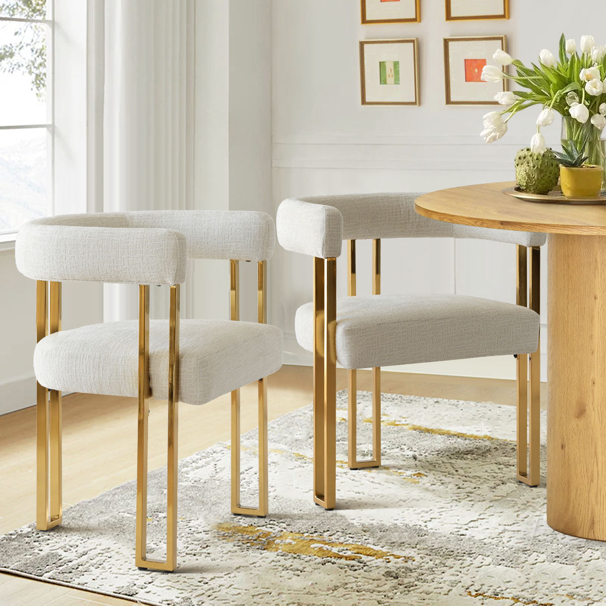 Mia 24" Modern Gold Chenille Dining Chair with Arms (Set of 2)