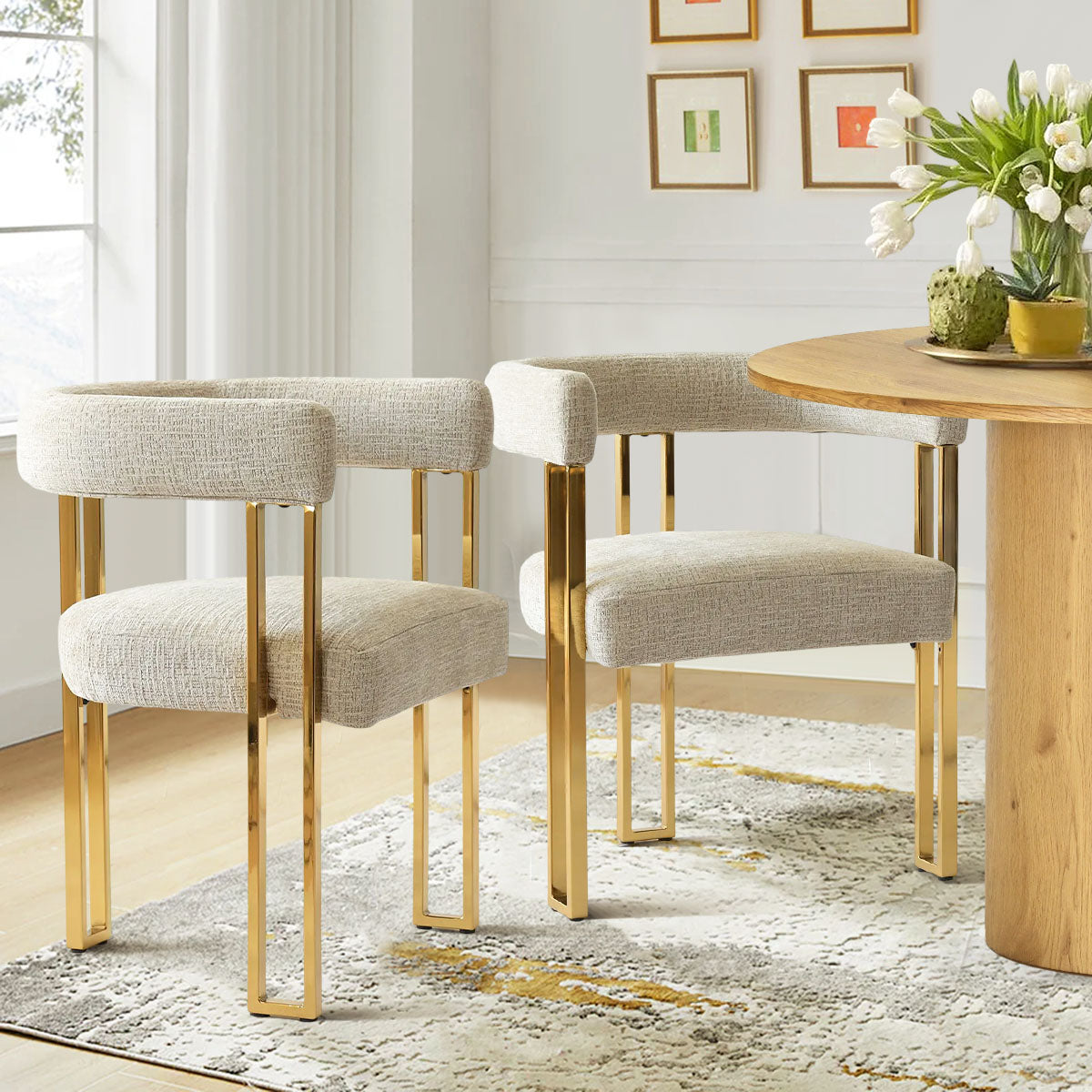 Mia 24" Modern Gold Chenille Dining Chair with Arms (Set of 2)