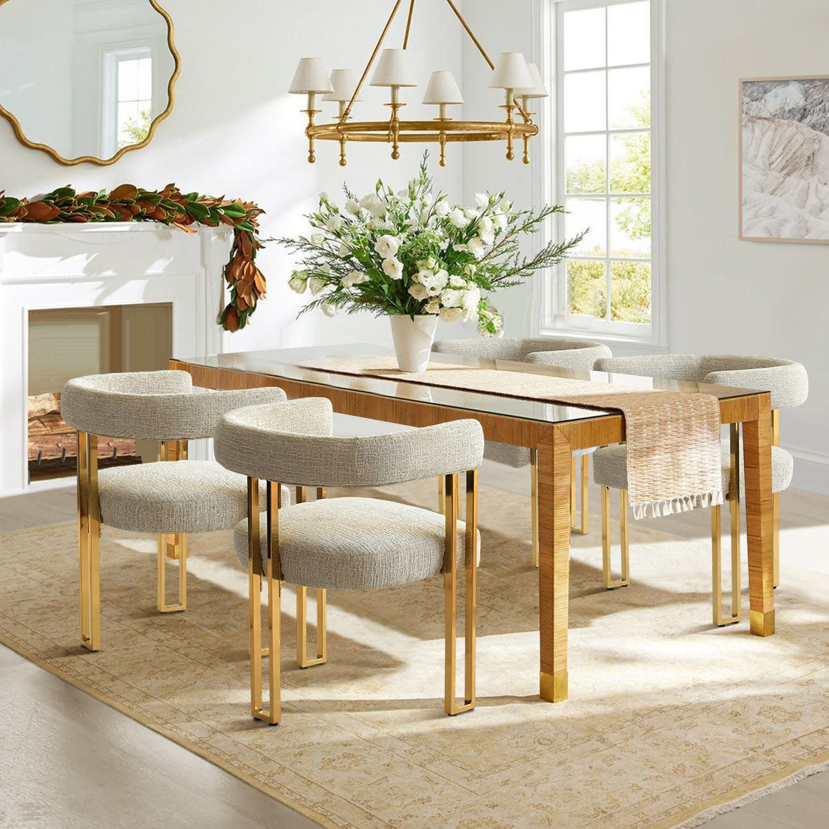 Mia 24" Modern Gold Chenille Dining Chair with Arms (Set of 4)