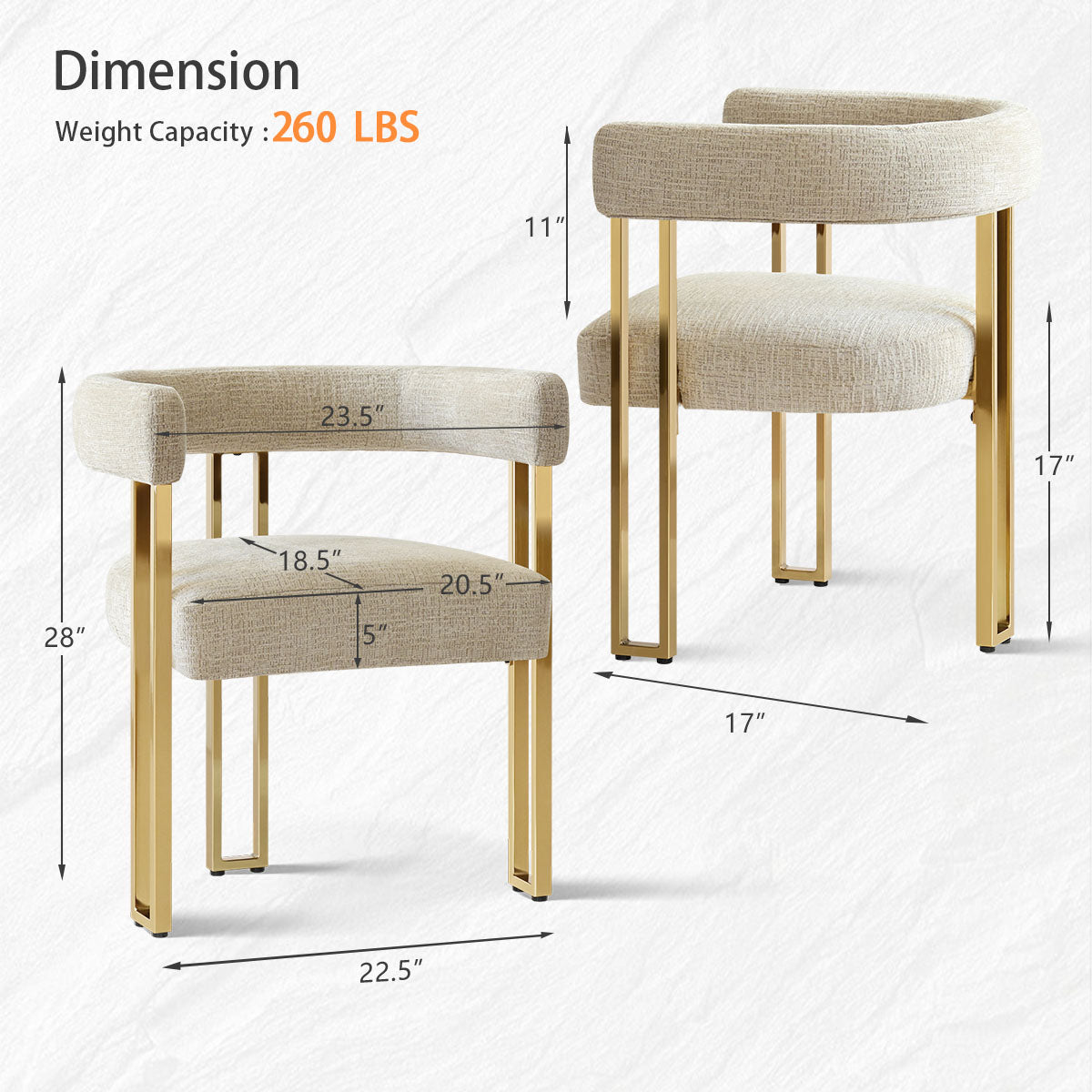 Mia 24" Modern Gold Chenille Dining Chair with Arms (Set of 2)