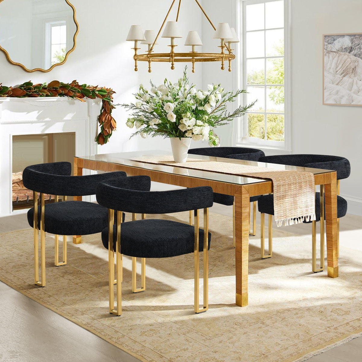 Mia 24" Modern Gold Chenille Dining Chair with Arms (Set of 4)