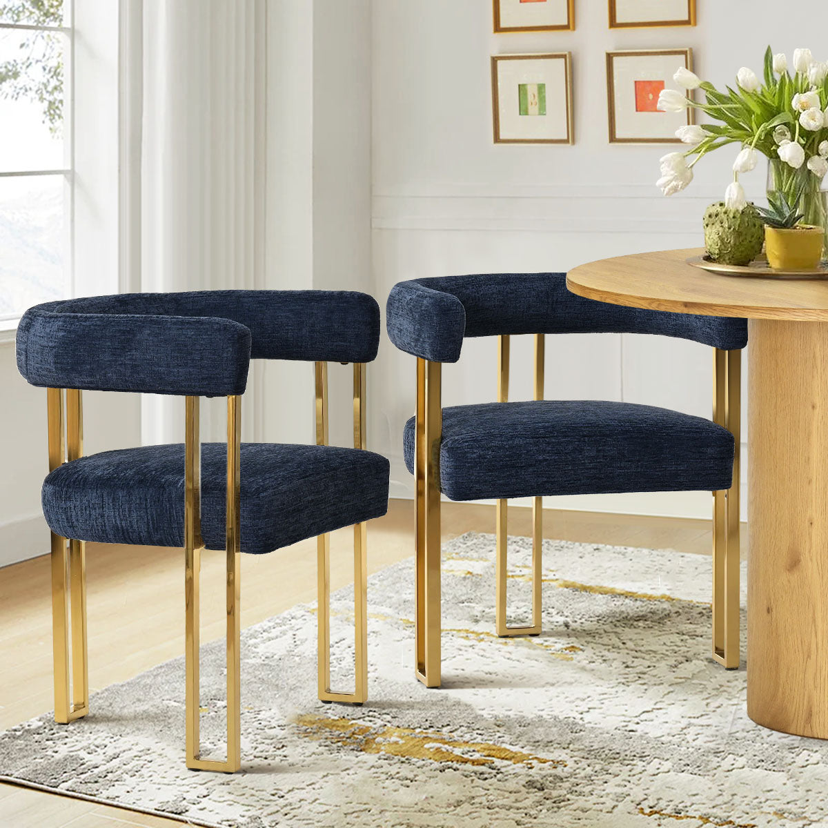Mia 24" Modern Gold Chenille Dining Chair with Arms (Set of 2)