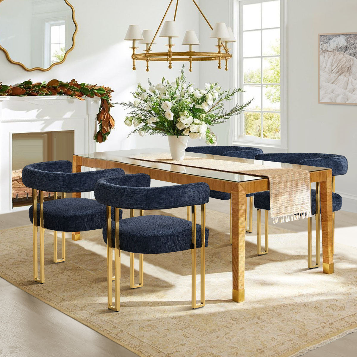 Mia 24" Modern Gold Chenille Dining Chair with Arms (Set of 2)