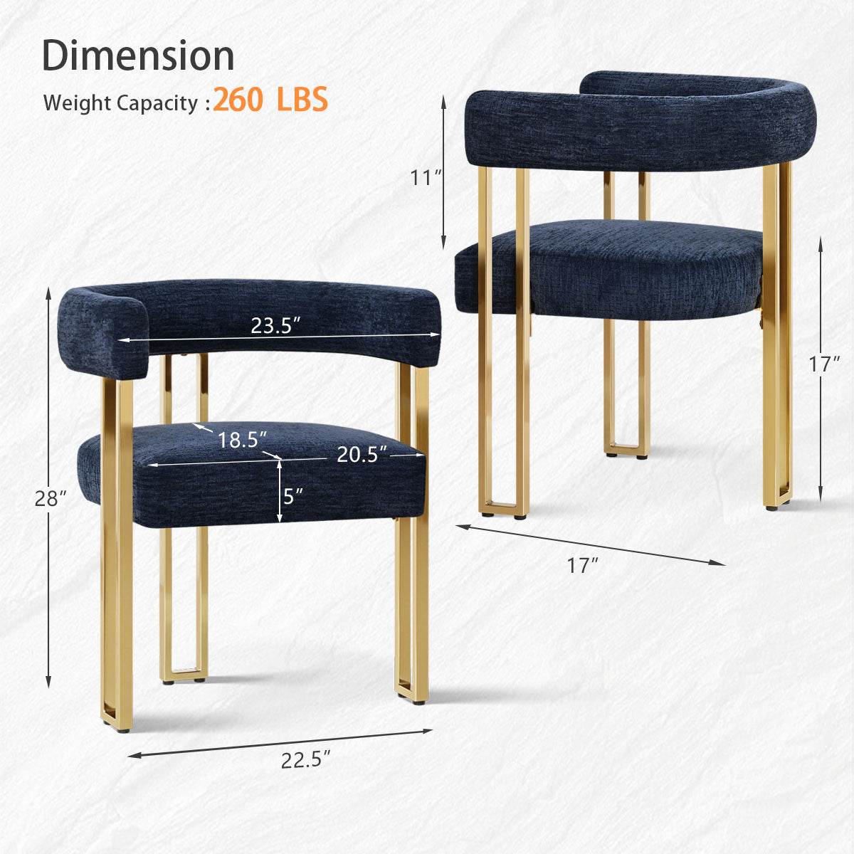 Mia 24" Modern Gold Chenille Dining Chair with Arms (Set of 2)