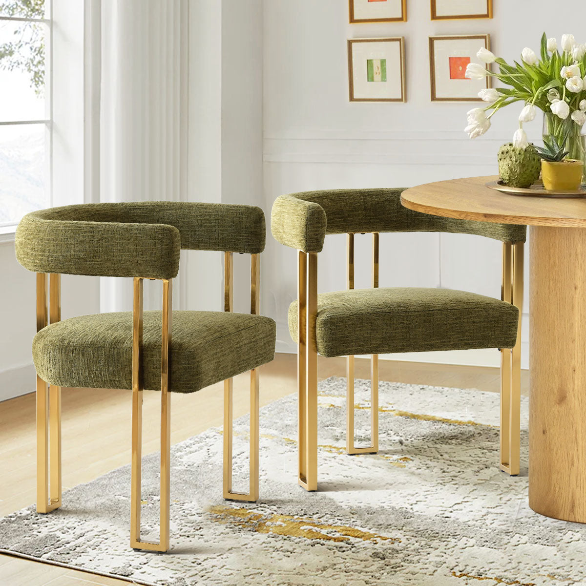 Mia 24" Modern Gold Chenille Dining Chair with Arms (Set of 2)