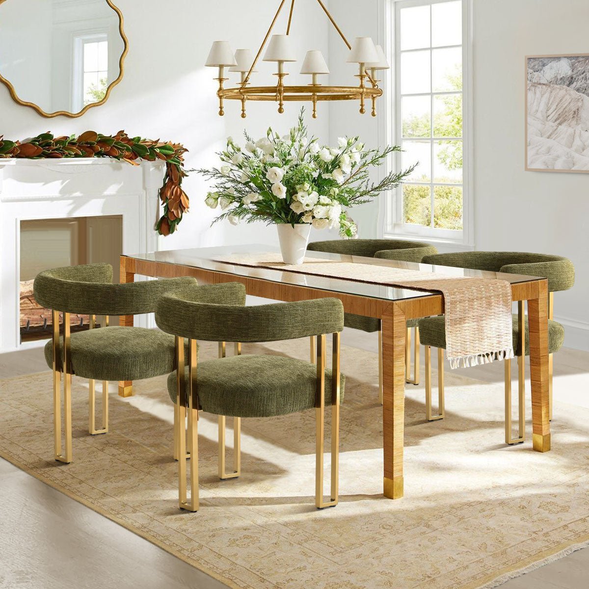 Mia 24" Modern Gold Chenille Dining Chair with Arms (Set of 4)