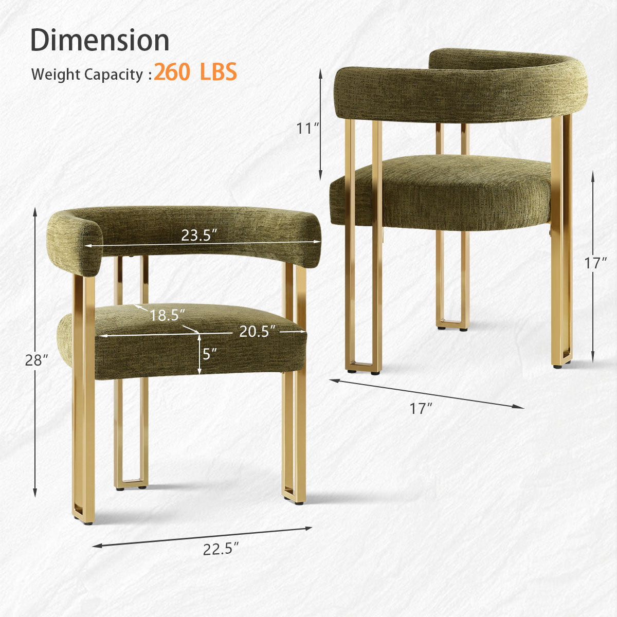 Mia 24" Modern Gold Chenille Dining Chair with Arms (Set of 2)