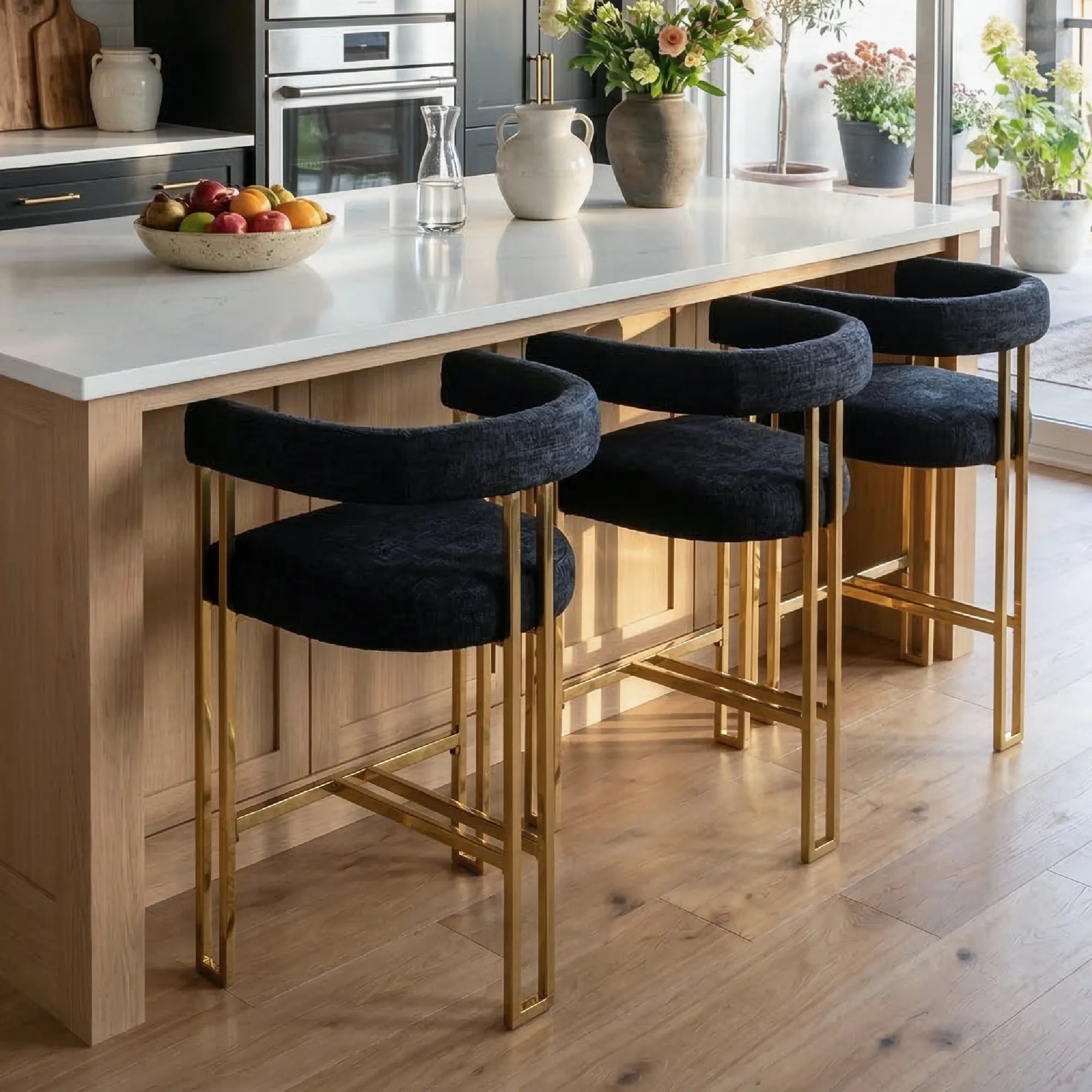 Mia 24" Modern Gold Chenille Counter Stool with Arms (Set of 2)