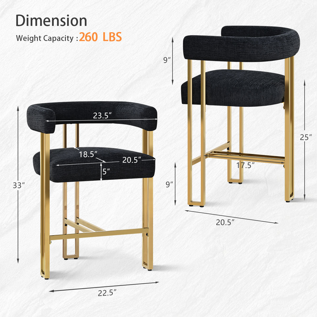 Mia 24" Modern Gold Chenille Counter Stool with Arms (Set of 3)