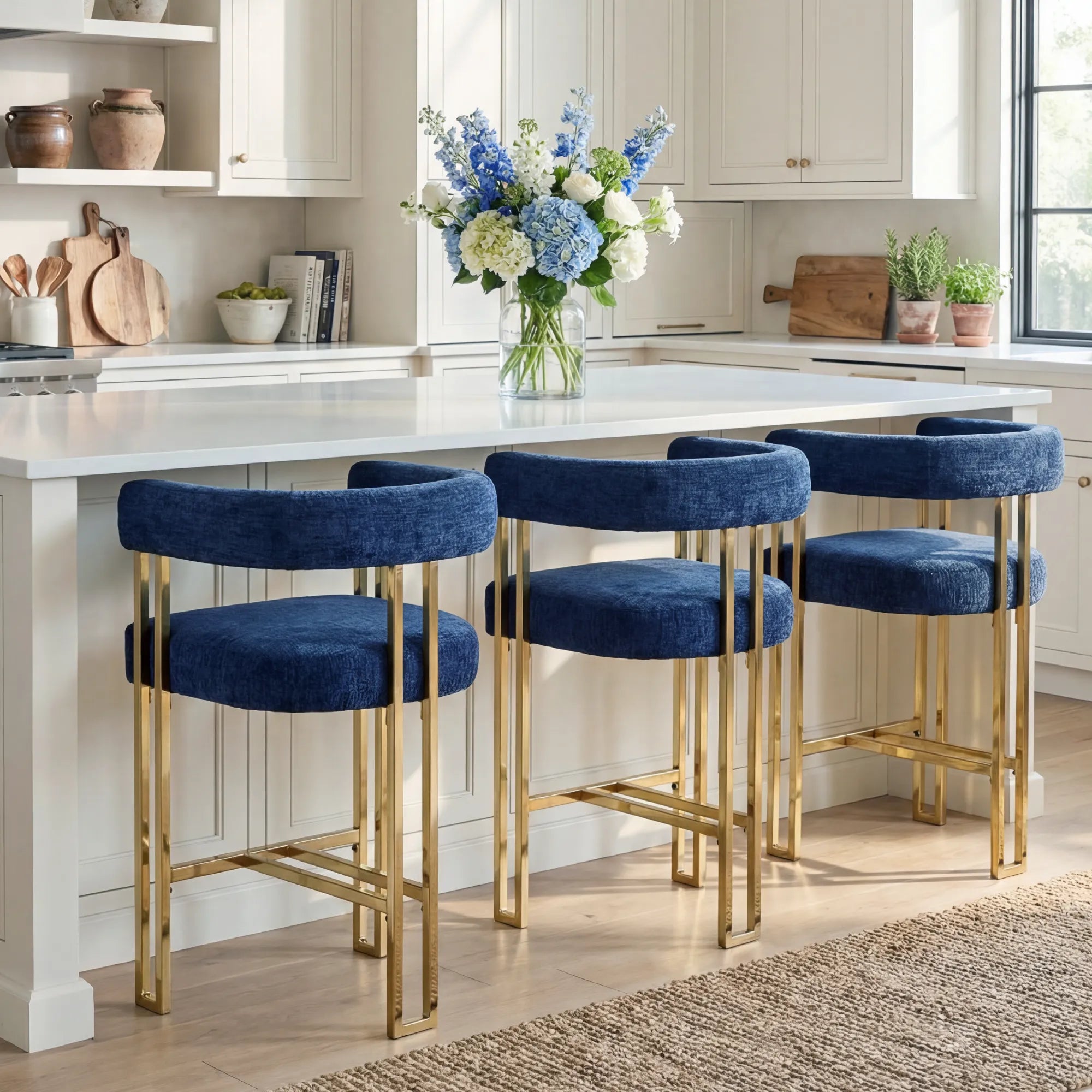 Mia 24" Modern Gold Chenille Counter Stool with Arms (Set of 3)